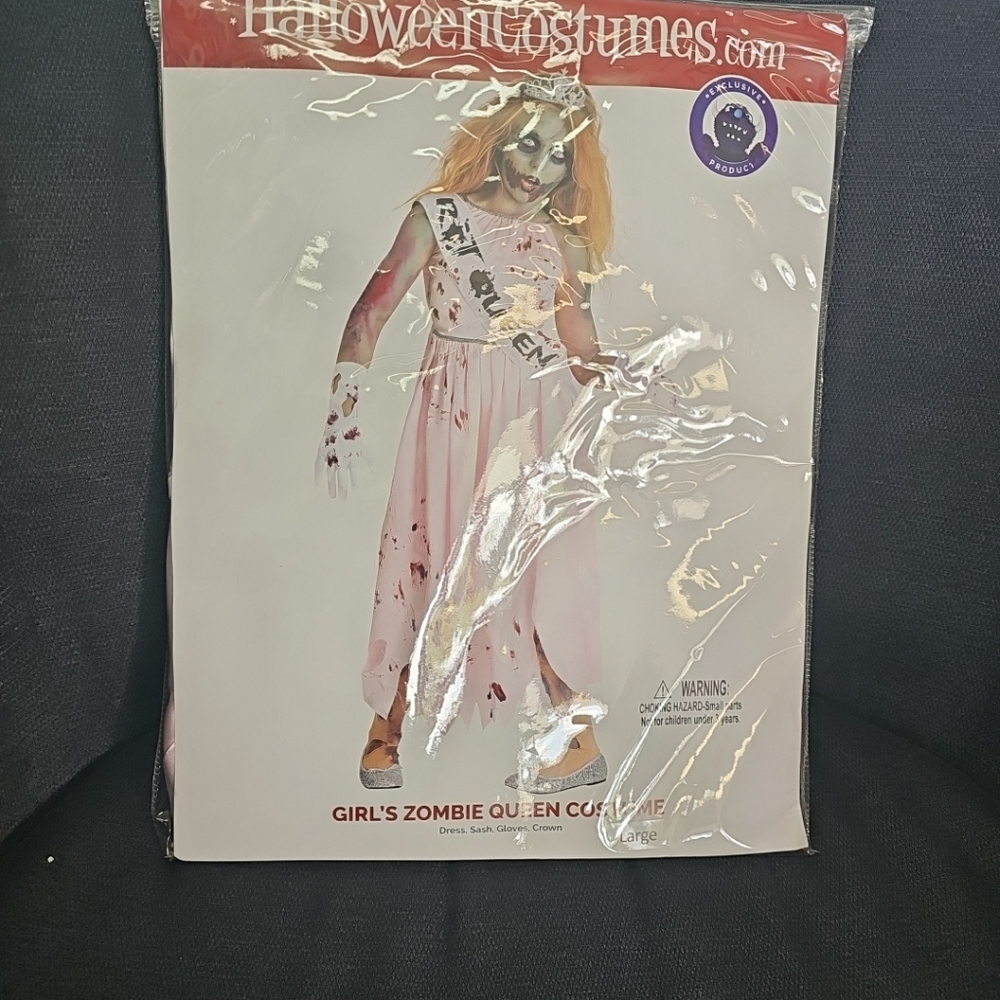 NWT Girls Size Large Zombie Queen Halloween Costume Dress, Sash, Gloves & Crown